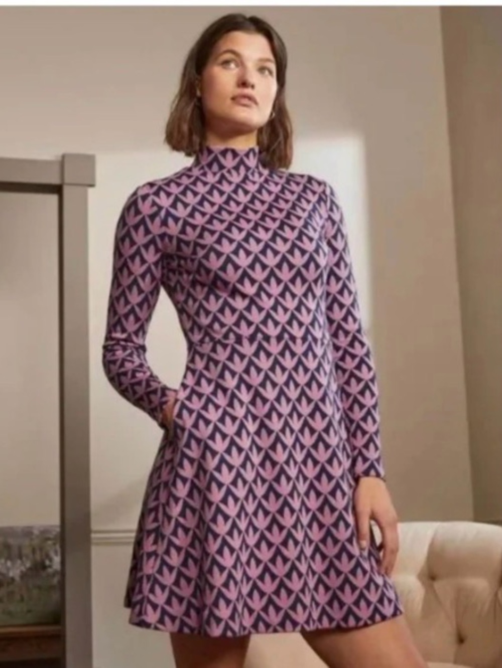 Boden Pink and Blue Long Sleeve Knit Dress